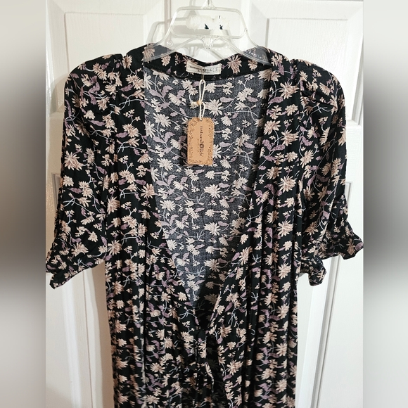 Natural Life Womens Small Duster Robe Dark Floral Rayon Cottagecore Boho Festive - Picture 2 of 6